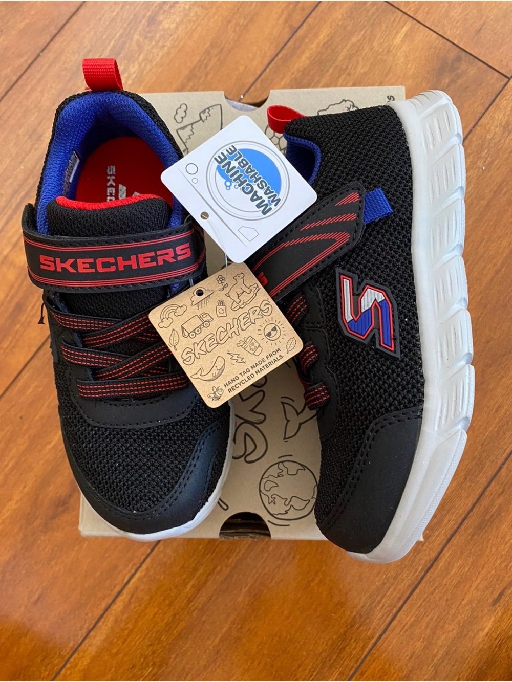 New Boys Black Shoes Sz 6, 7 with Red and Blue Accents